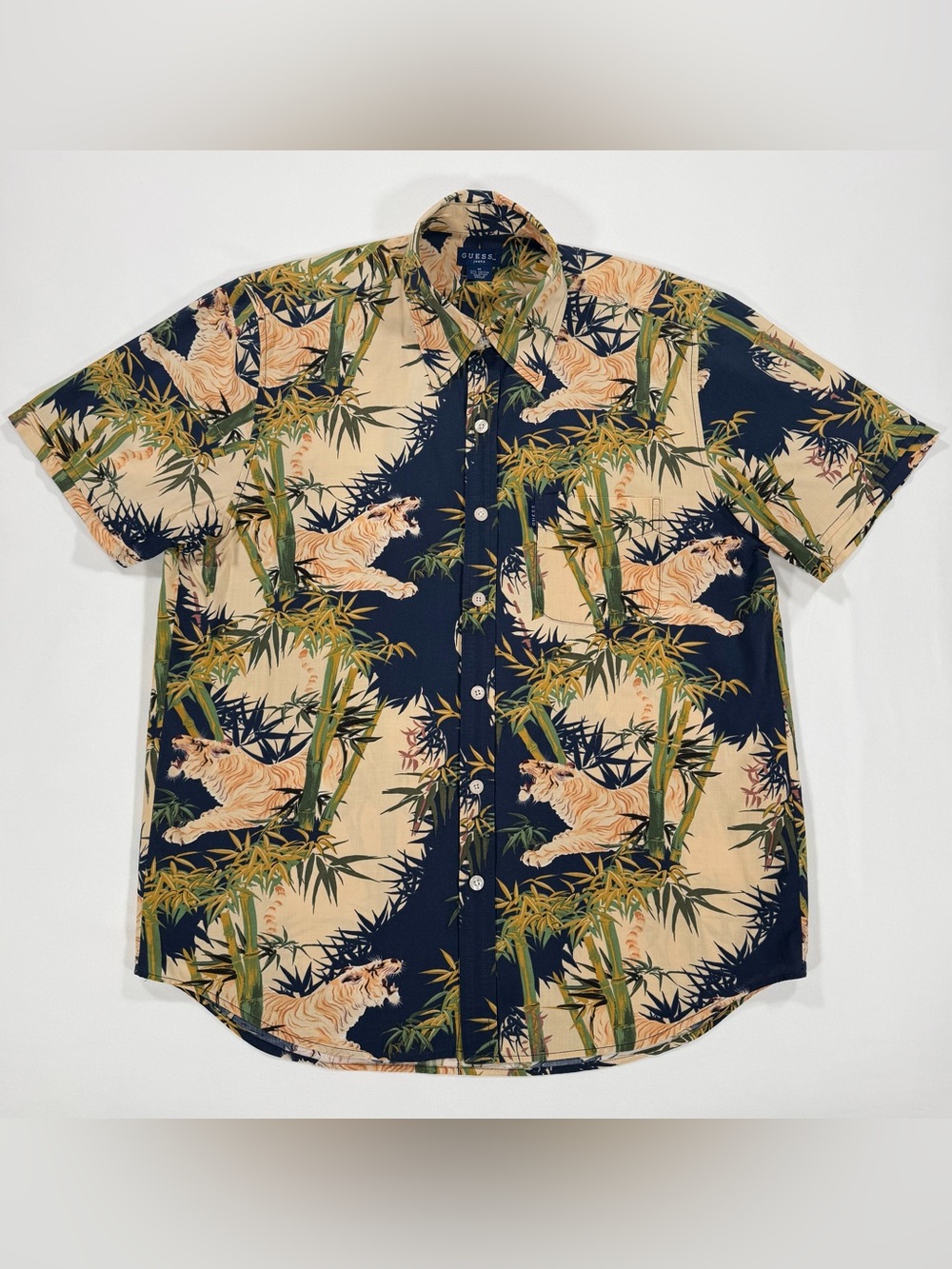 Vintage Guess Jeans Shirt Mens Medium Tiger Bamboo Hawaiian Short Sleeve M